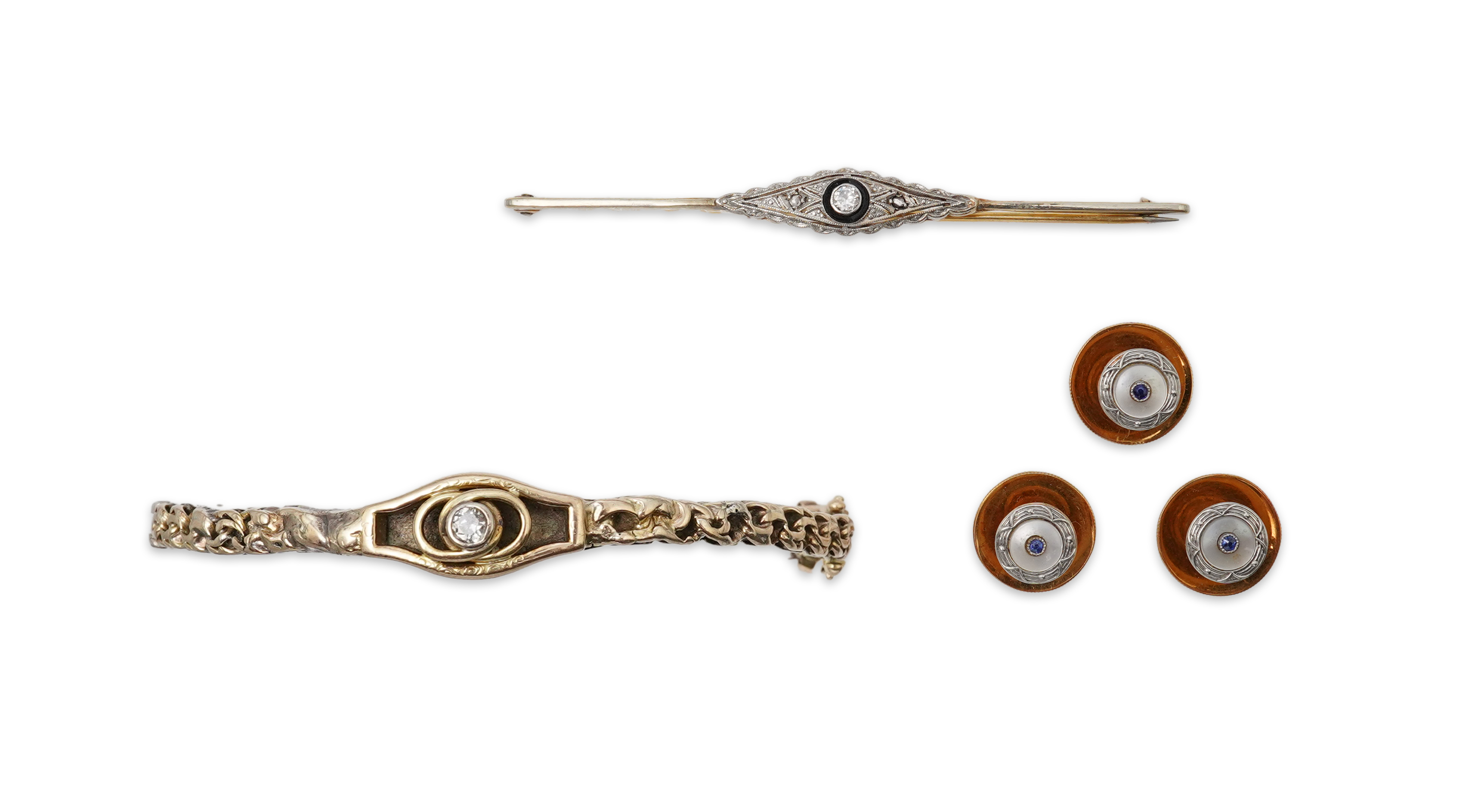 A collection of jewels and accessories, comprising: an onyx and diamond bar brooch, mounted in gold; a bangle set with a circular-cut diamond weighing approximately 0.07 carats, inner circumference approximately 17cm, st